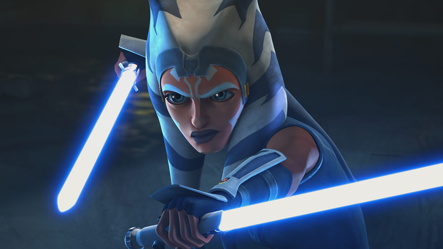 Ahsoka bearing her double sabers as she prepares for battle. 