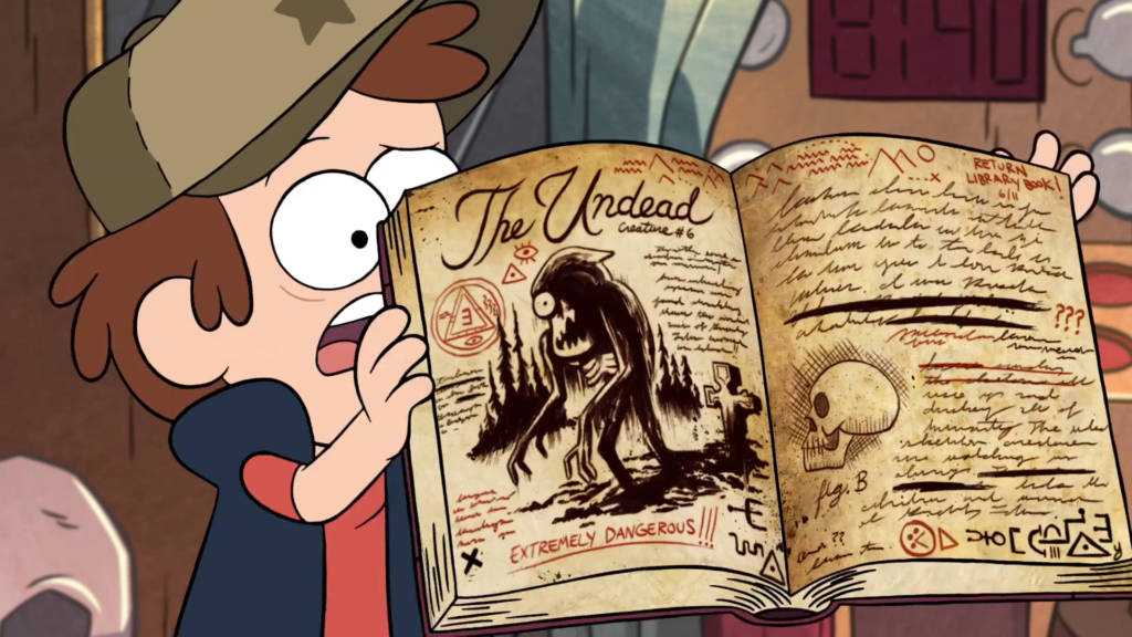 Dipper holding up the journal with the page open to the information on zombies.