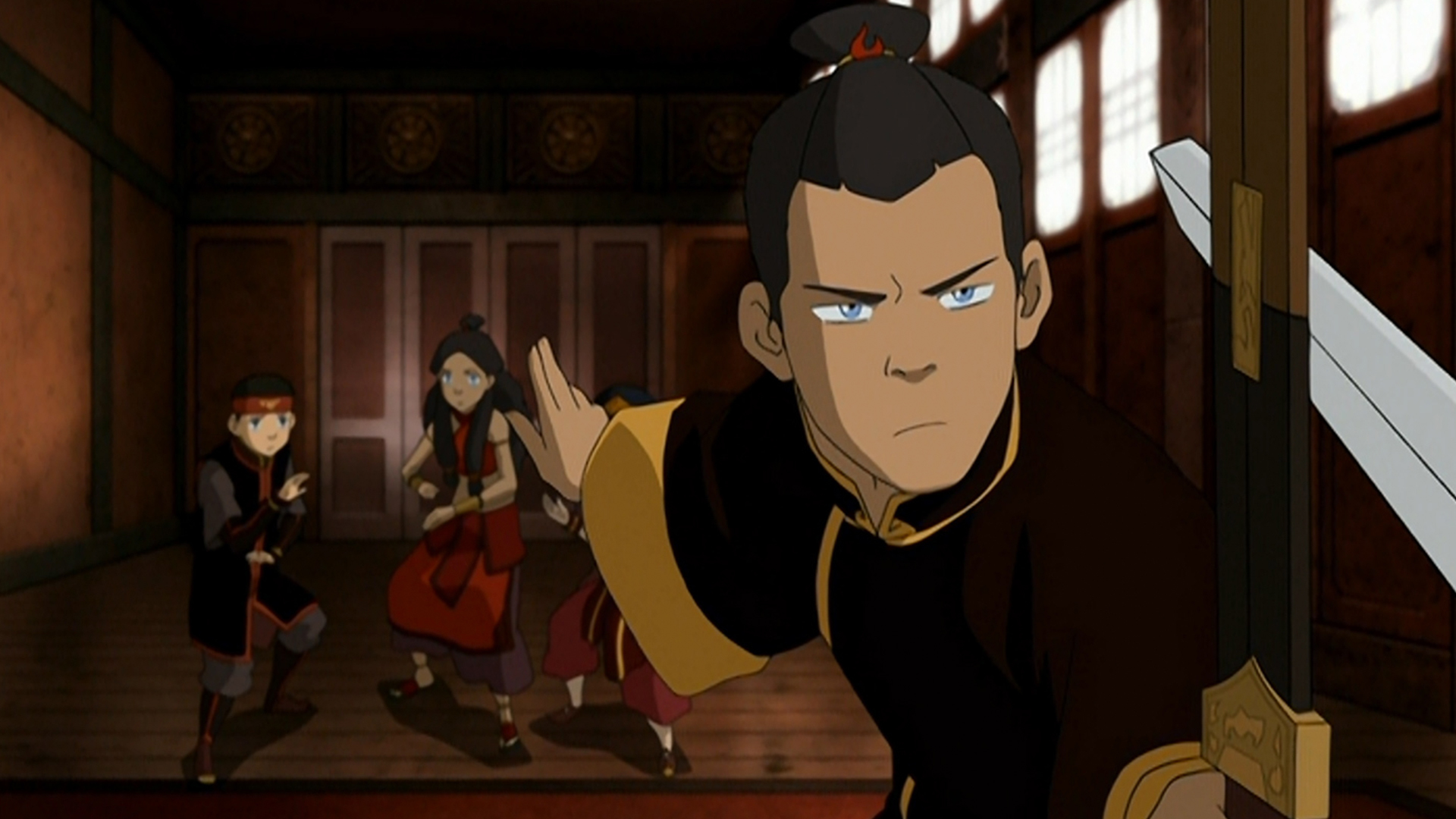 Sokka protects his friends. 