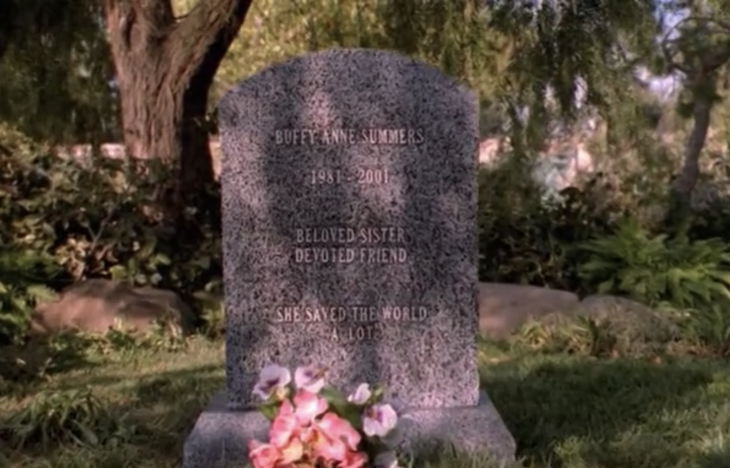 Buffy's Gravestone Reading "She Saved The World A Lot." Buffy The Vampire Slayer. Season 5, Episode 22: "The Gift." 1997-2003. 20th Century Studios.