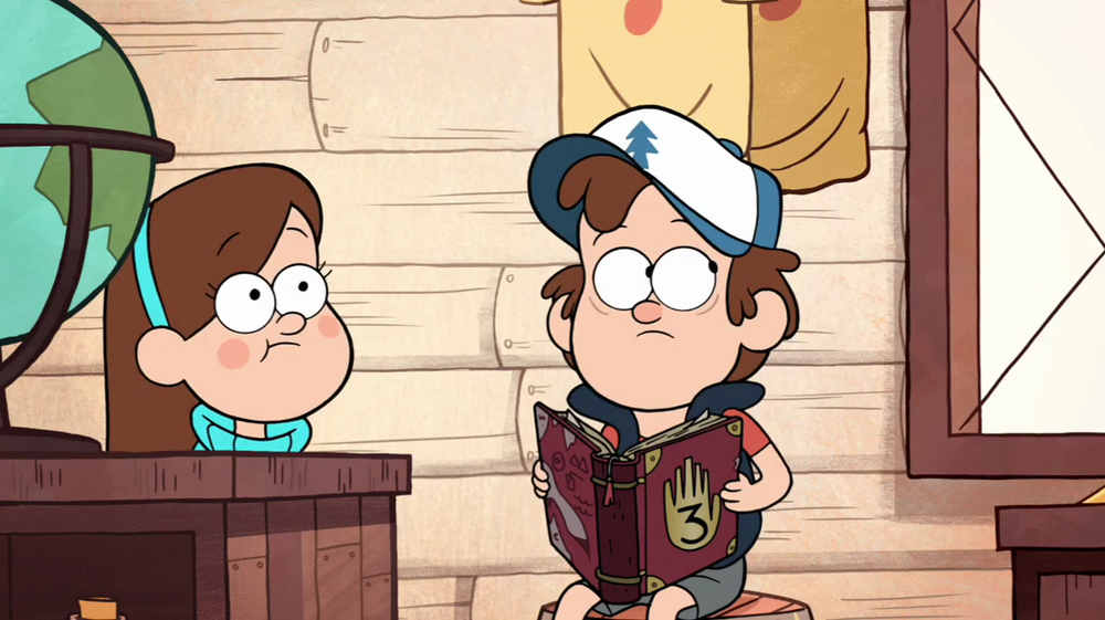 Dipper holds Journal 3 while Mabel stands nearby. 