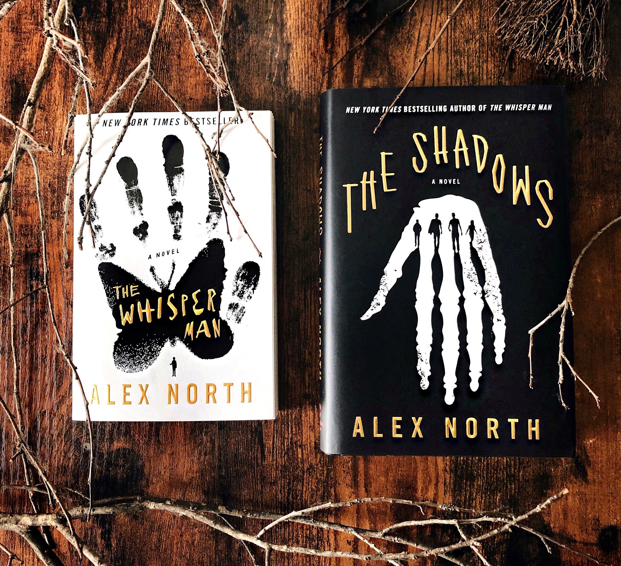 A photo shows the covers of two Alex North books surrounded by tree branches. "@CeladonBooks." Alex North Books. 2020.