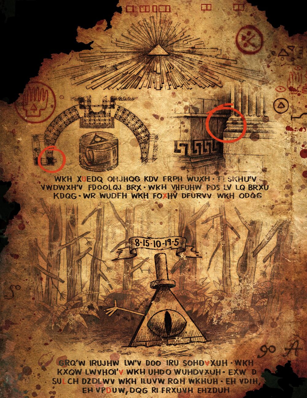 A browning page with an image of Bill Cipher, several secret codes and detailed drawings of a building's exterior. 