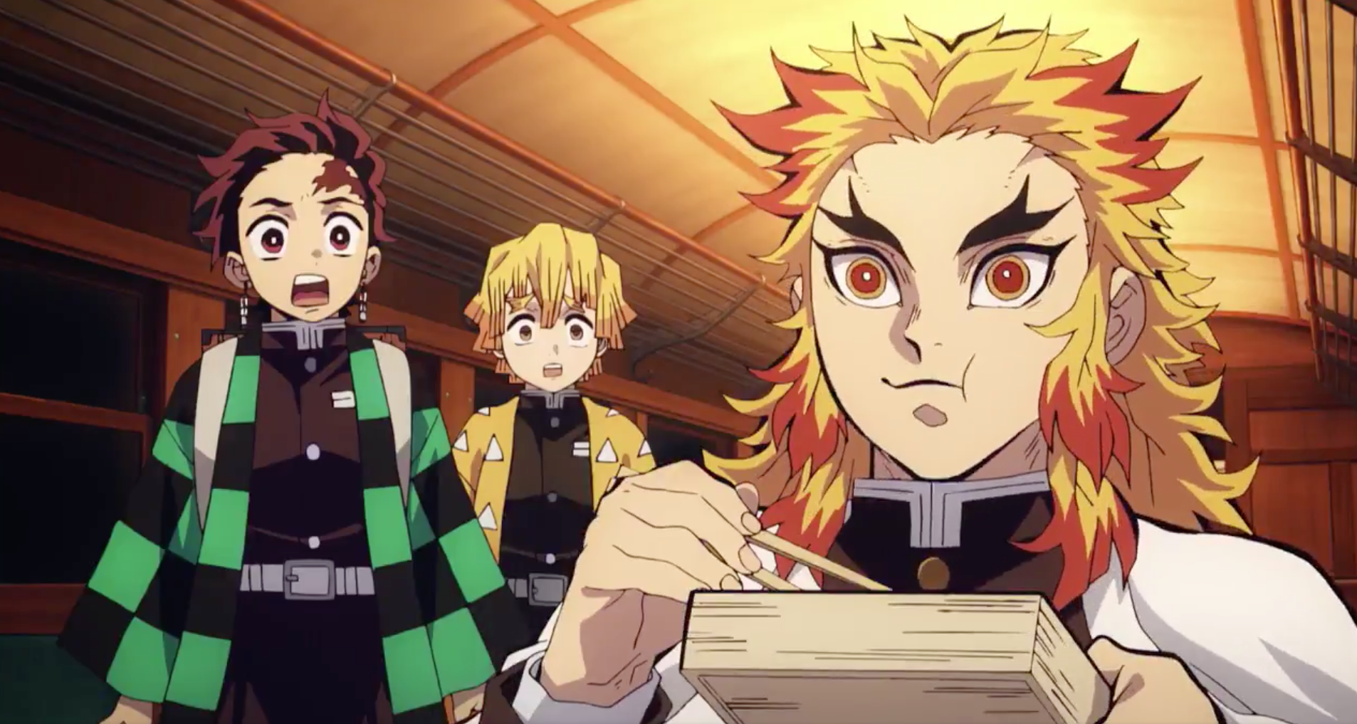 Tanjiro and Zenitsu standing behind Rengoku as he enjoys his favorite food-- sweet potatoes!
