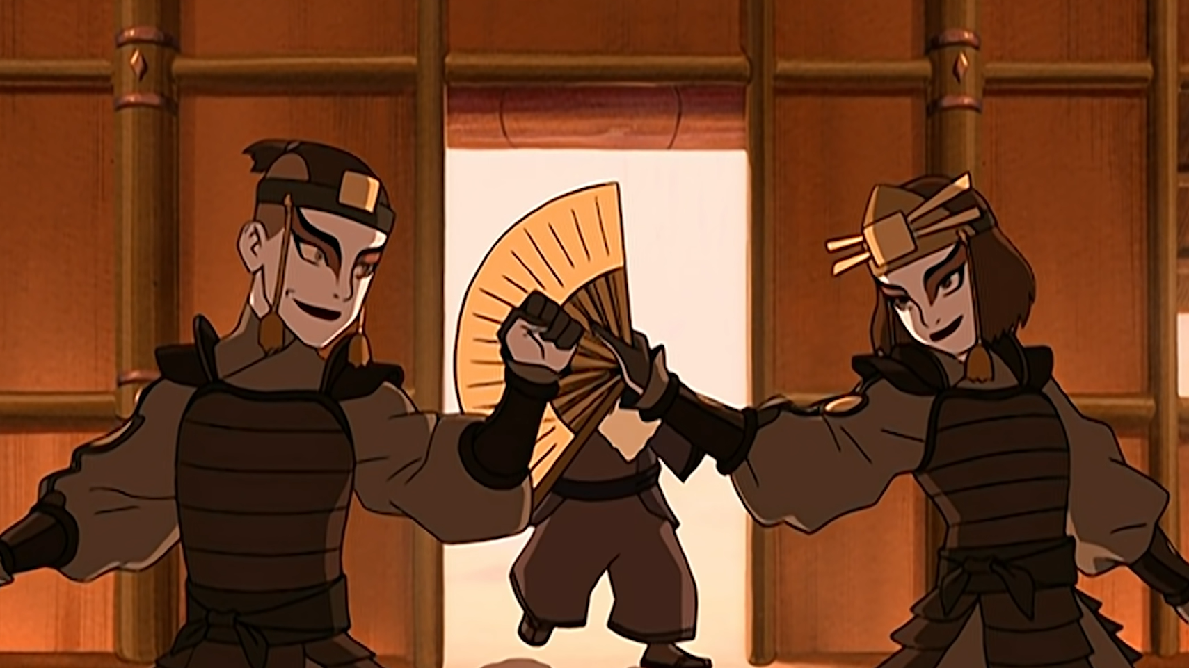 Sokka and Suki bond during Kyoshi warrior training.