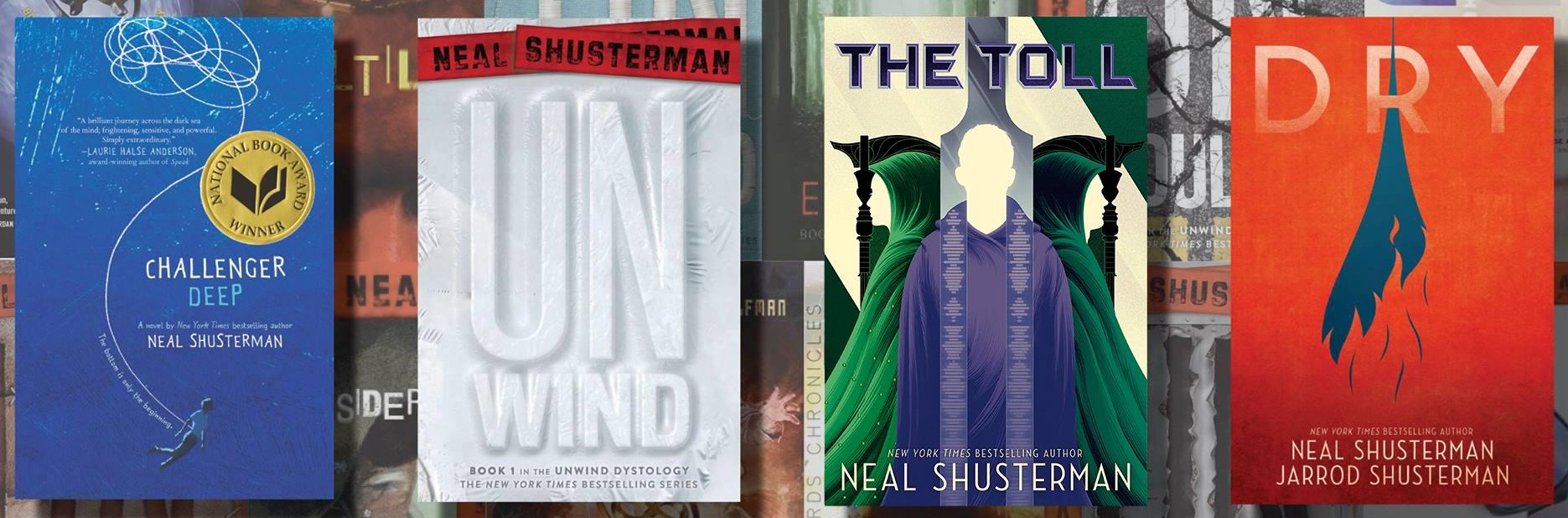 A photo shows four books side by side written by Neal Shusterman. "@NealShusterman." Neal Shusterman Novels. 2020.