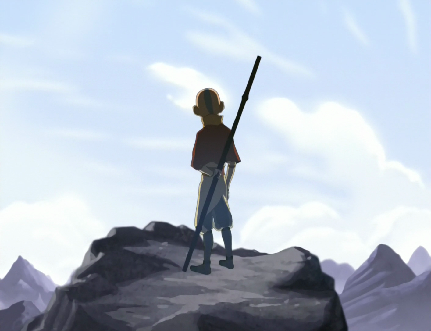 The opening sequence shot for Avatar: The Last Airbender, showing Aang standing on a mountain top while gazing out at the world below. 