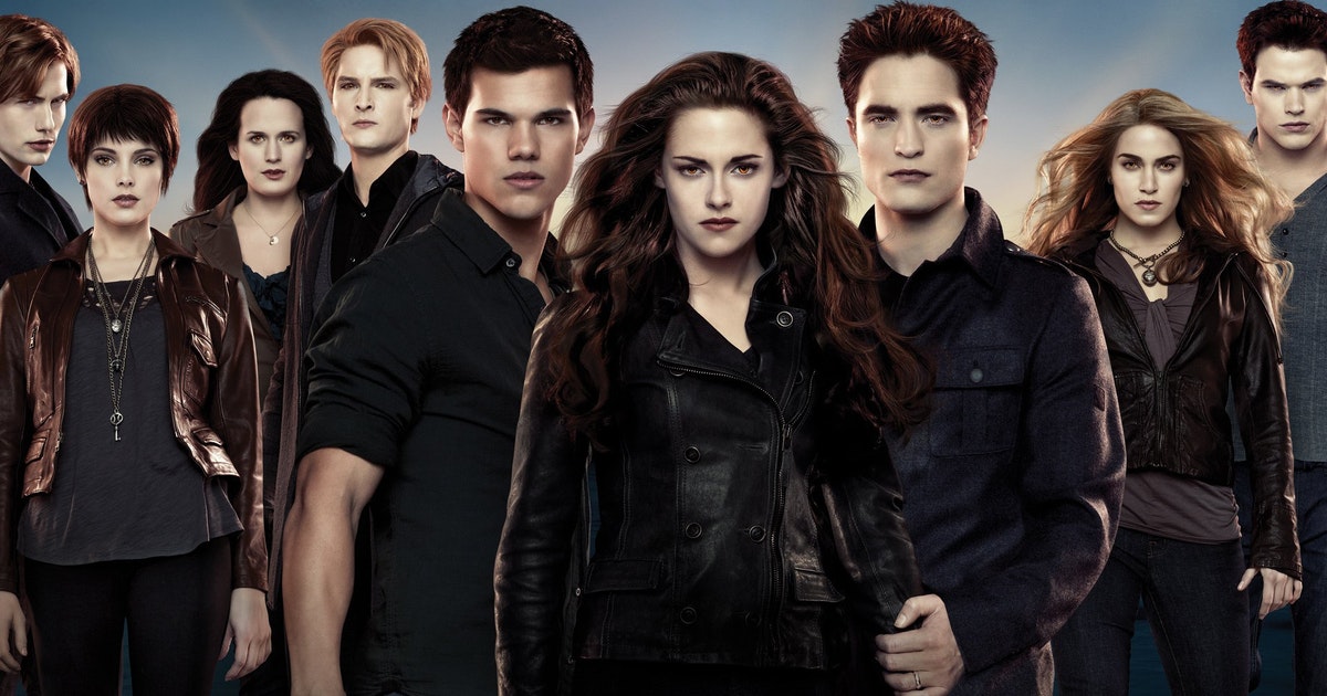 The cast of the Twilight saga from right to left: Jasper, Alice, Esme, Carlisle, Jacob, Bella, Edward, Rosalie, and Emmett.