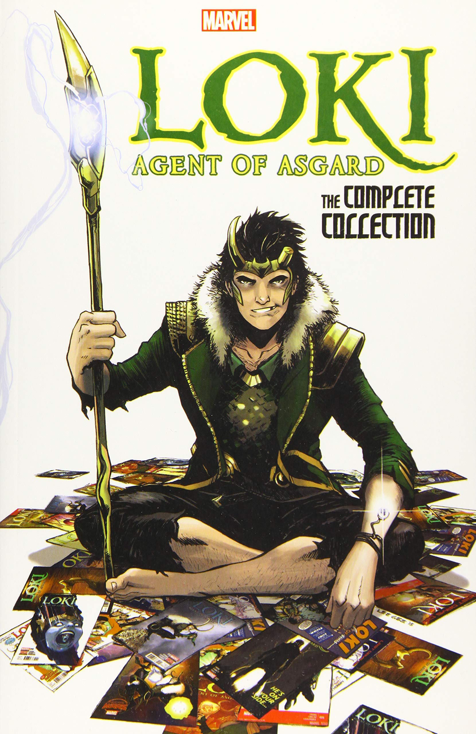 Loki holds his staff and sits upon a pile of Loki comics. Ewing, Al. "Loki: Agent of Asgard - The Complete Collection." Marvel. 18 Dec. 2019.