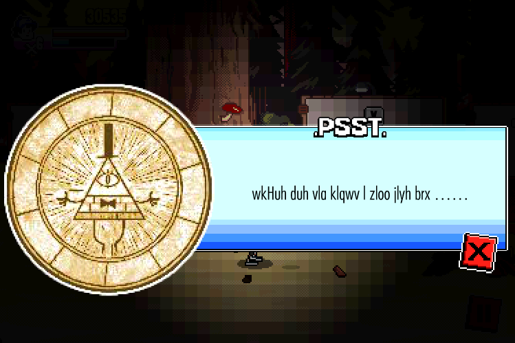 Rumbles' Revenge video game: a screen with Bill Cipher reads "there are six hints I will give you" in secret code. 