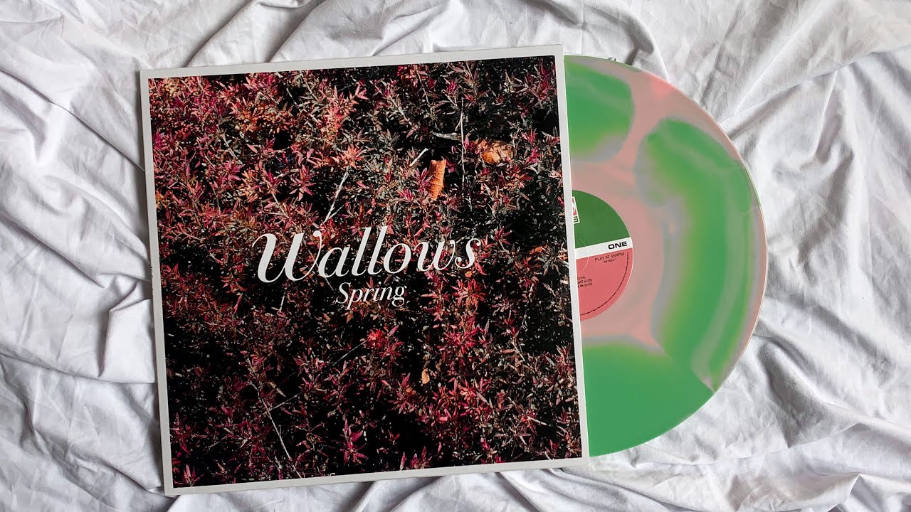 Wallows' pink and green "Spring" EP vinyl on display.