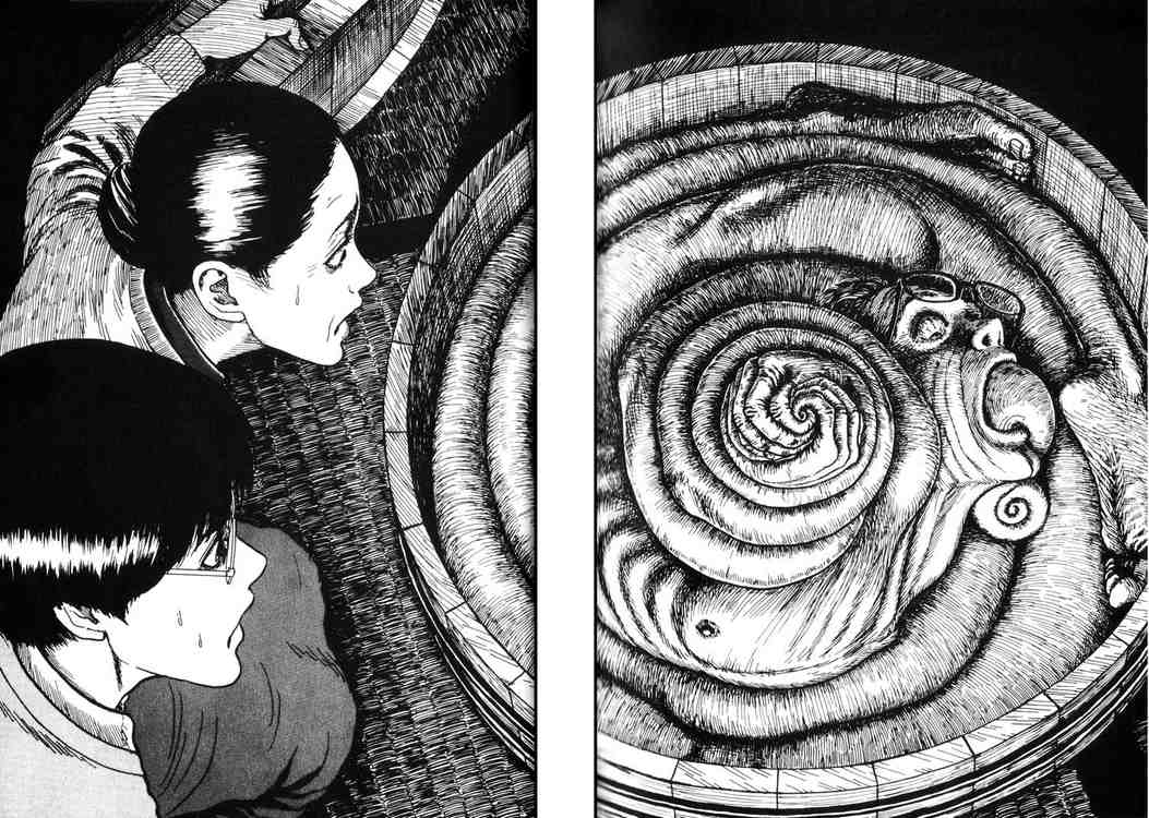 Shoichi and Mrs. Saito find Mr.Saito in his point of death in a wooden tub where his body has been mangled into a spiral shape.