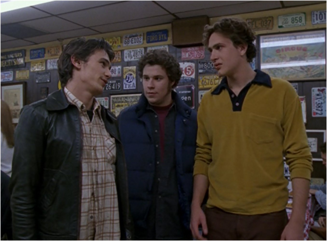 Franco, Rogen, and Segel fully in character as their Freaks and Geeks personas.