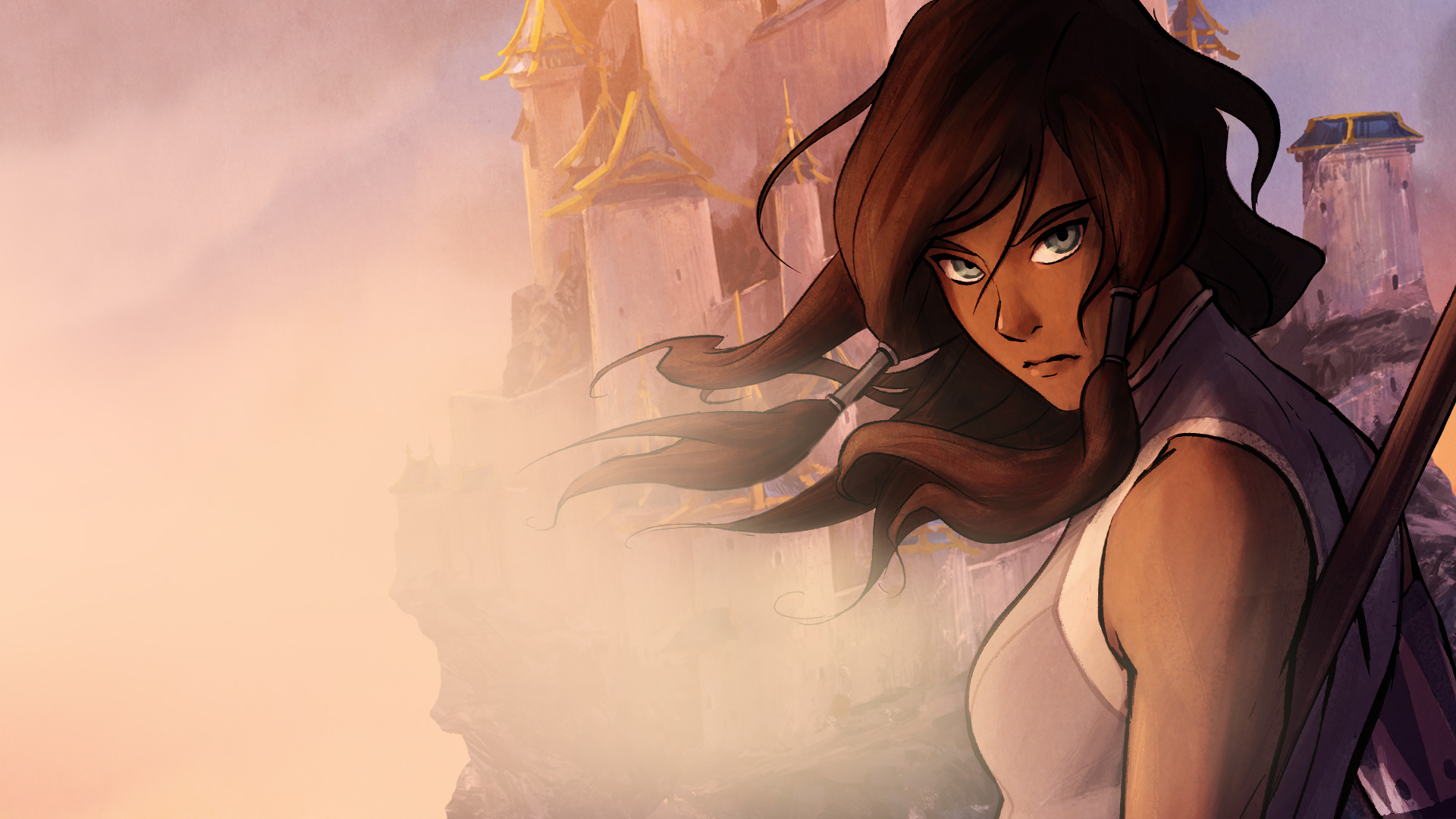 Korra standing and facing away from a mountainside.