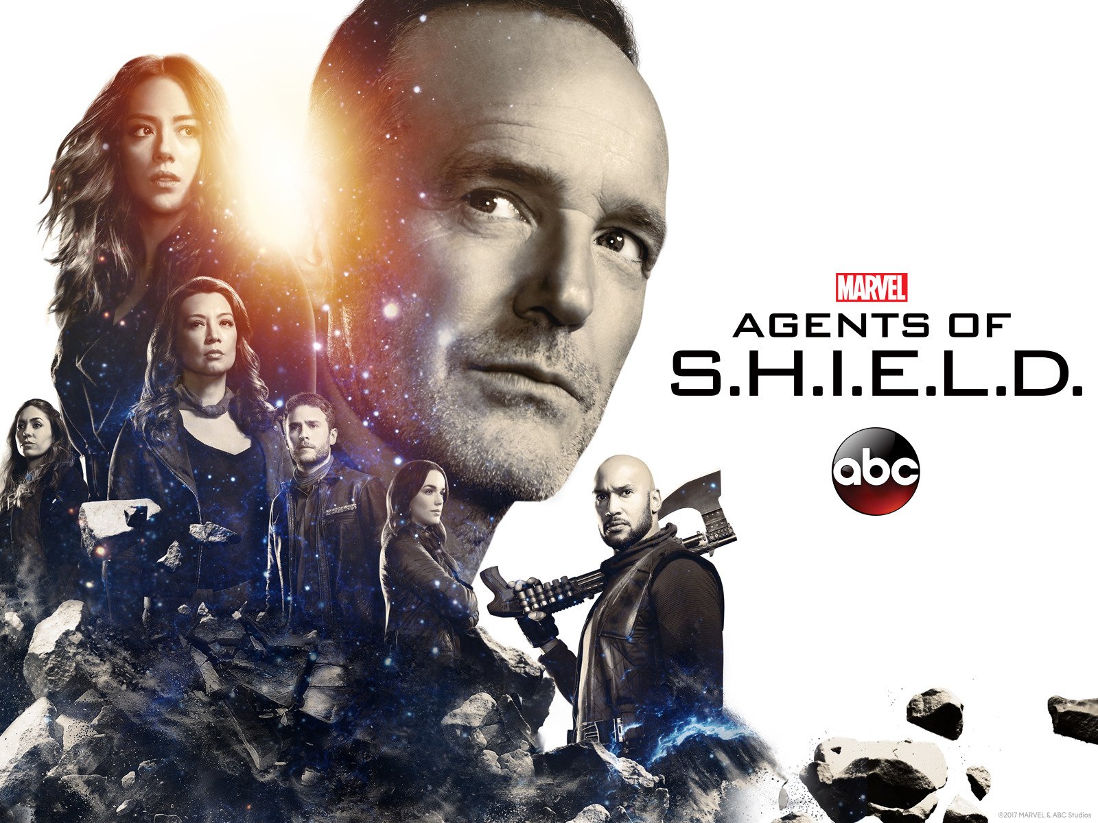 Promotional art of Phil Coulson, Daisy Johnson, Yo-Yo Rodriguez, Melinda May, Leopold Fitz, Jemma Simmons, and Alphonso Mack Mackenzie for Agents of SHIELD Season 5.