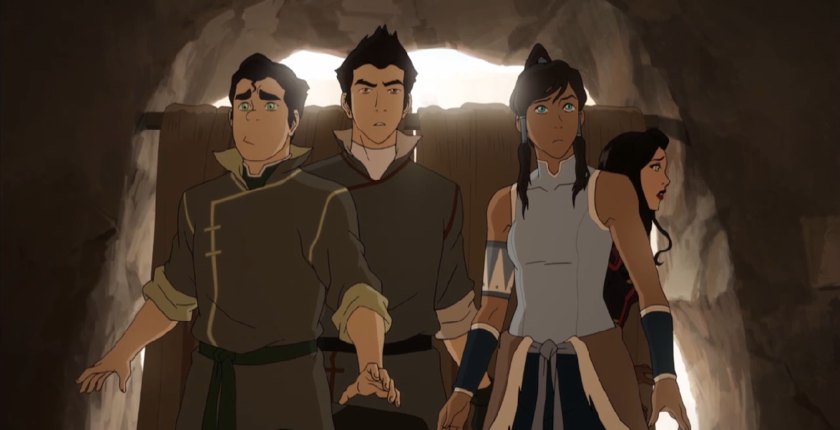 The Legend of Korra: Korra and her friends assess a tavern after stumbling into it. 