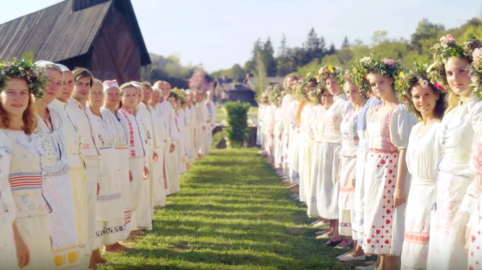 The Hårga cult welcomes viewers to their home in Ari Asters, 'Midsommar' (2019).