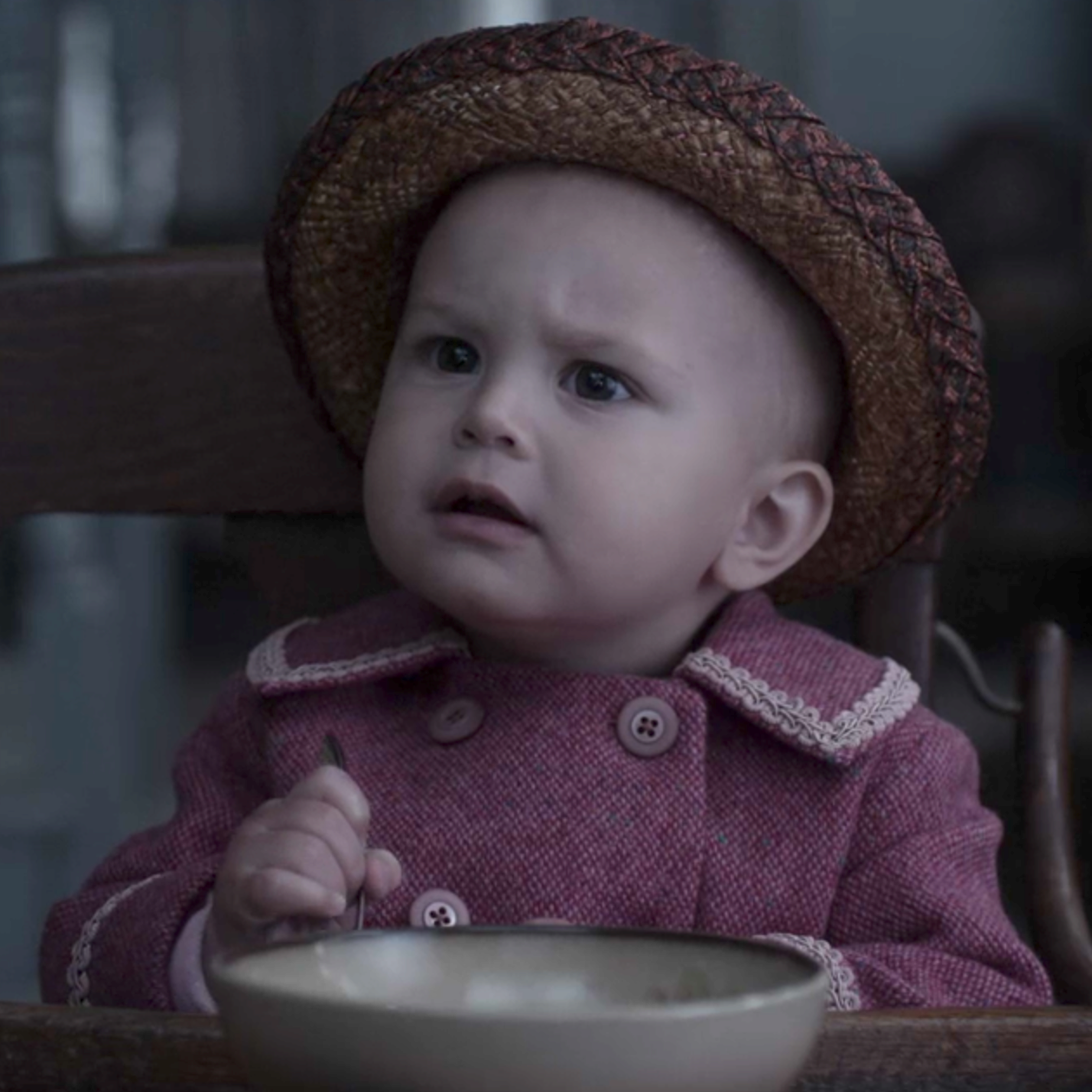 Sunny makes a questioning expression, dressed in her adorable hat and pink jacket. A Series of Unfortunate Events. Season 1, Episode 5: "The Wide Window: Part One." 2017-2019. Netflix Entertainment.   