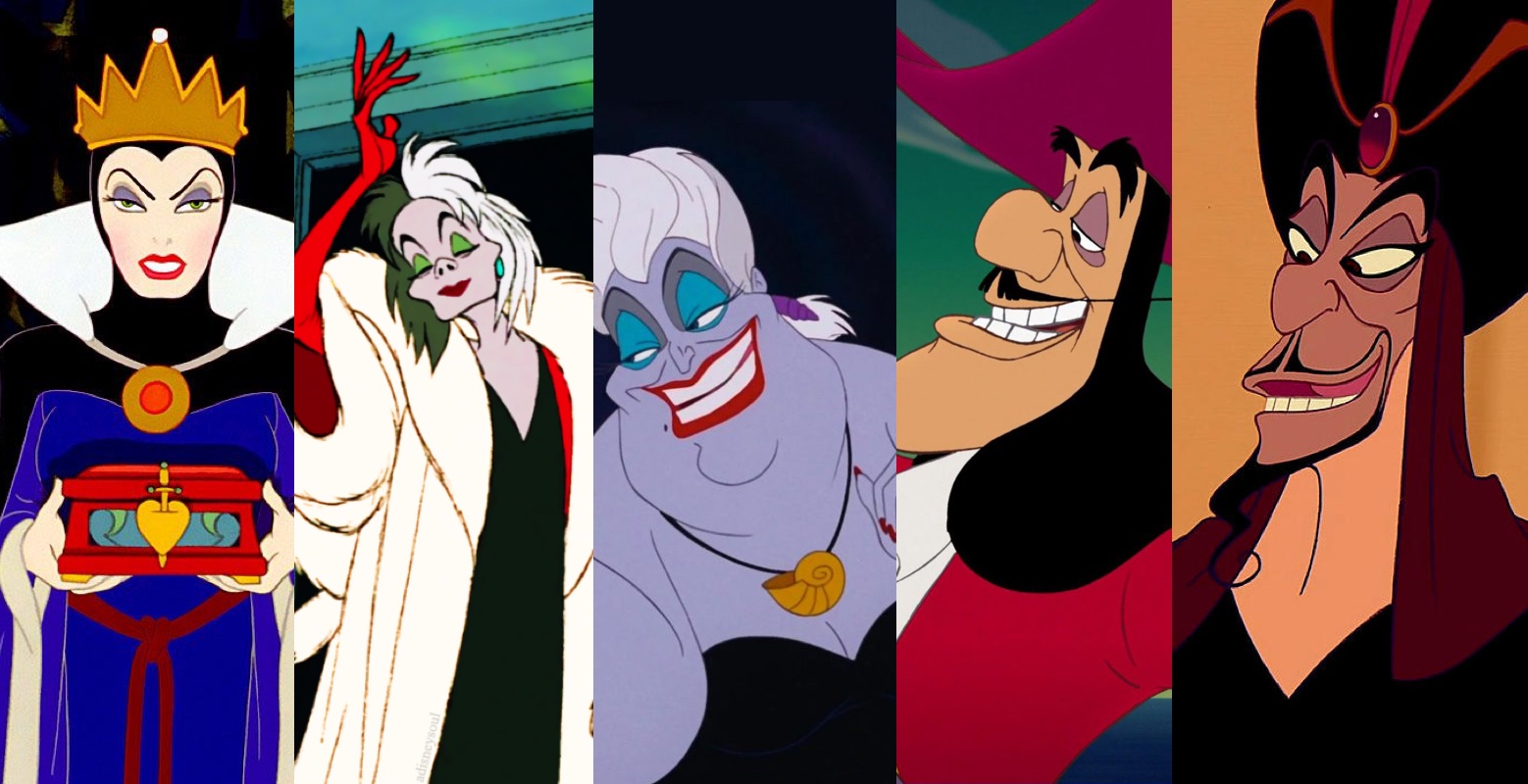 A lineup of different Disney villains: the Evil Queen, Cruella, Ursula, Captain Hook, Jafar