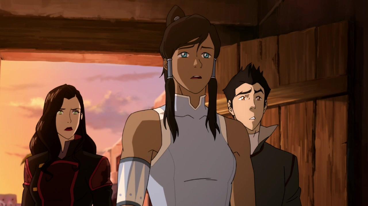 Korra, Asami, and Mako enter the hotel room they were staking out. 