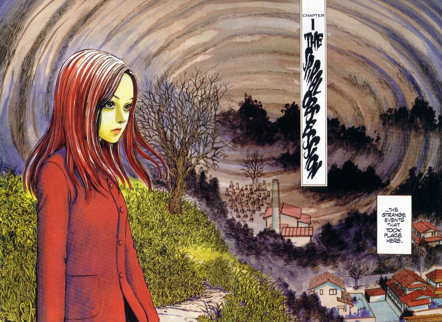 The main character of  Junji Ito's "Uzumaki" Kirie is entering her hometown of Kurouzo-cho amongst a field of grass.