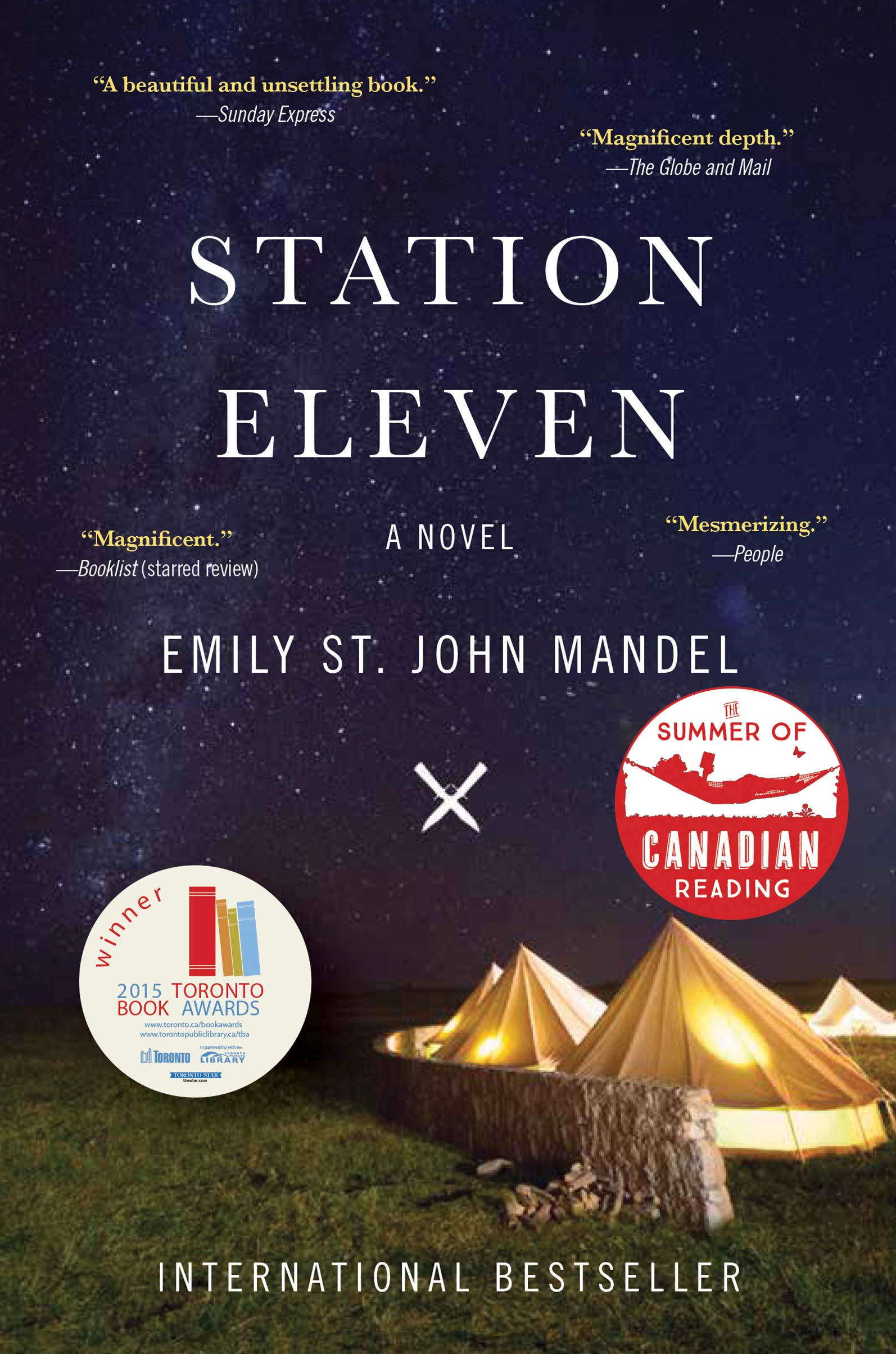 A photograph captures the image of tents set up outside in front of a starry night sky in the background. St. John Mandel, Emily. Station Eleven. 2014.