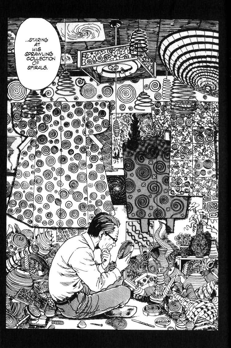 Mr. Saito of "Uzumaki" observing a roll of tape in his clustered room filled with spiral objects.