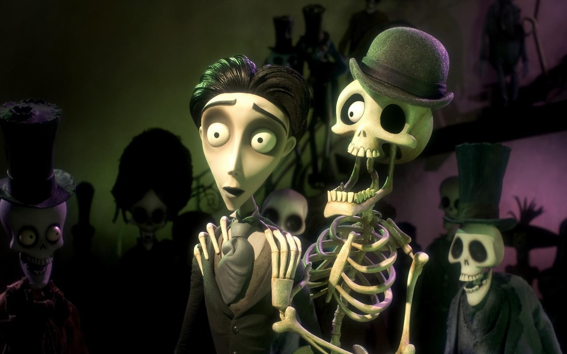 A one-eyed skeleton in a hat sings to Victor about Emily's past in Corpse Bride, 2005. 