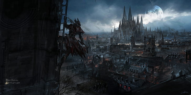 A "Bloodborne" hunter hanging off a latter overseeing the city of Yharnam. (Photo by FromSoftware)