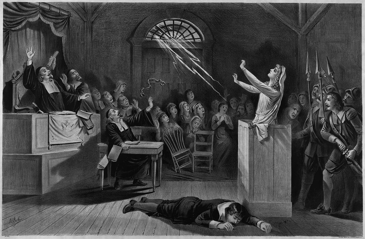 A lithograph that dramatically showcases the proceeding of an alleged witch's trial. 