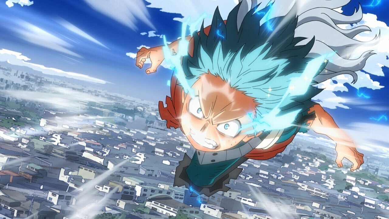 Deku charges forward with Eri on his back in this epic MHA fight.