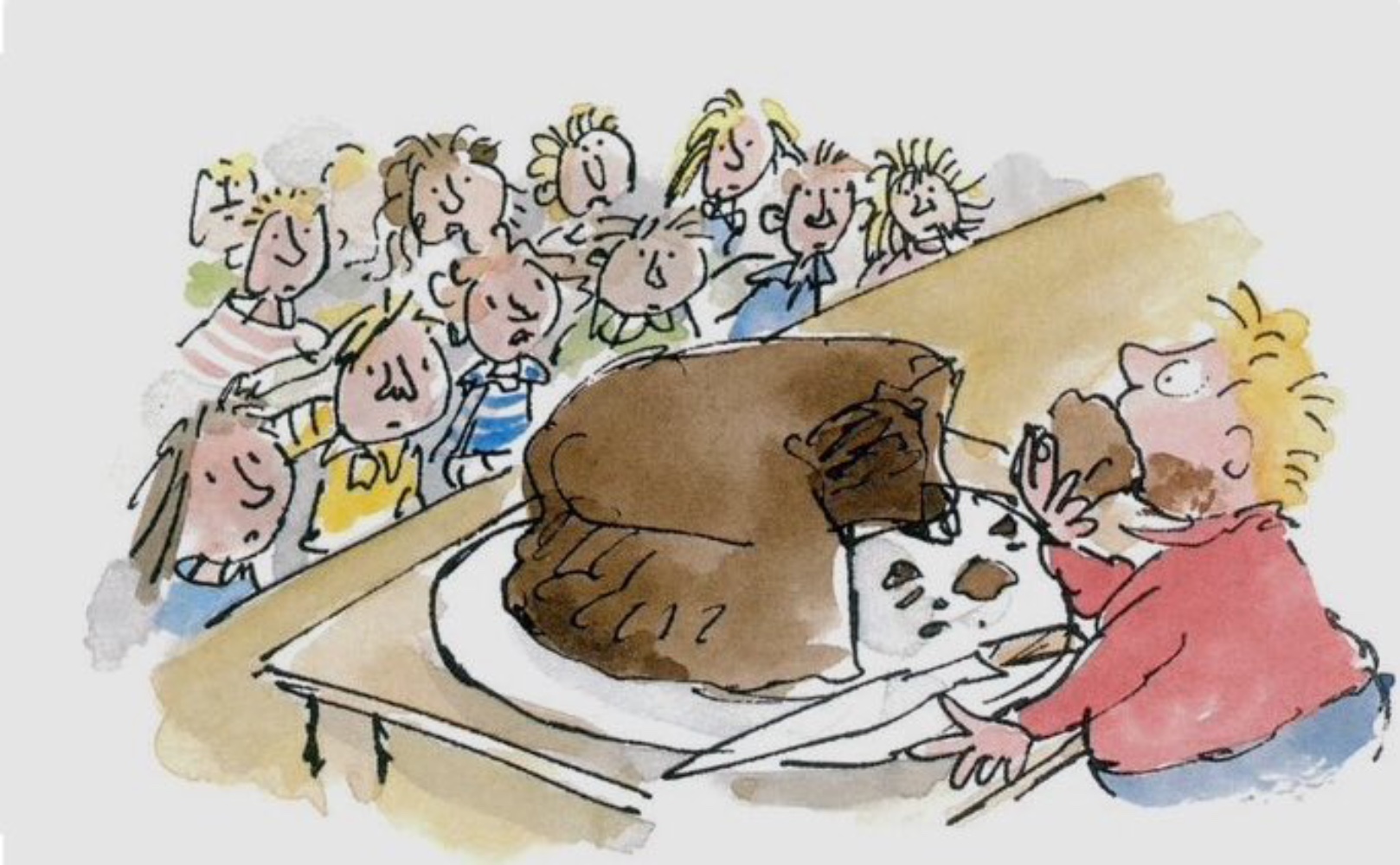 An illustration from the Matilda novel by Roald Dahl. The illustration depicts the infamous scene from the novel and film alike of Bruce eating Trunchbull's chocolate cake at the school assembly.