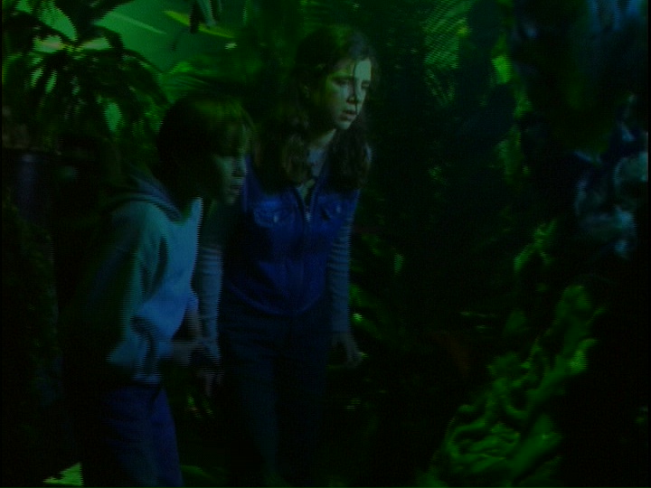 Two children look around a basement full of monstrous and green-illuminated plants in the Goosebumps episode "Stay Out of the Basement" in 1995. 