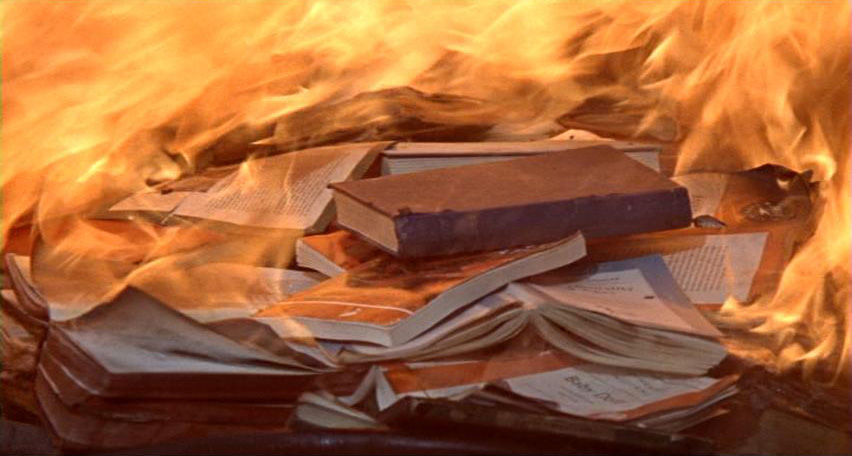 Books burning in the movie adaptation of the dystopian novel "Fahrenheit 451." 