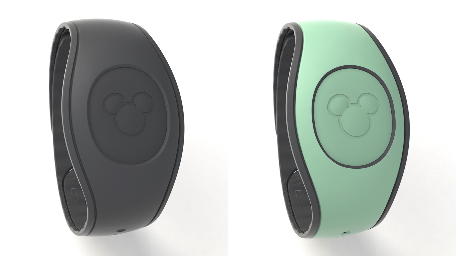 A promotional image of grey and mint green Disney Magic Bands.