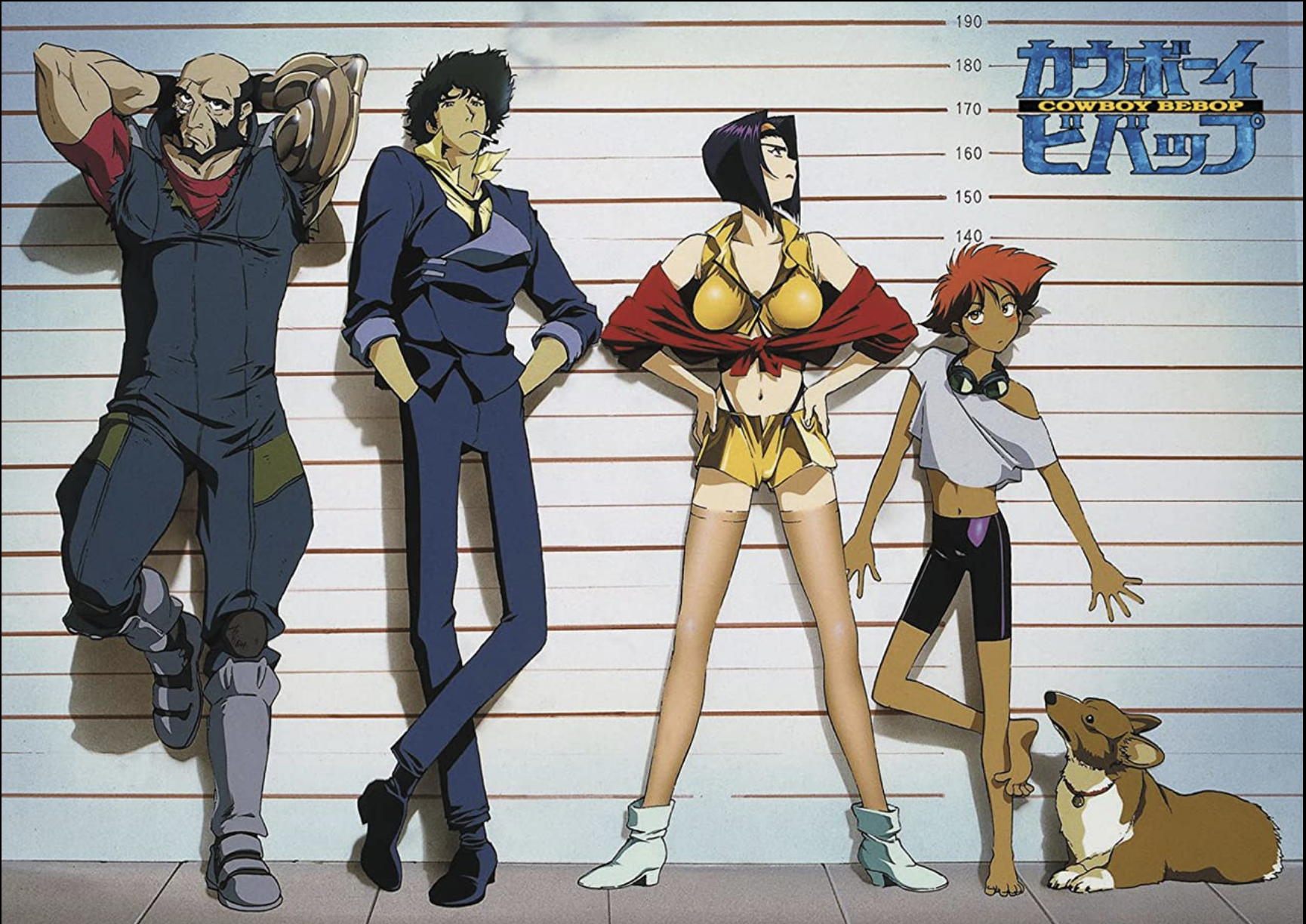 A line-up of the 1998 Cowboy Bebop cast, featuring them against a mugshot background.