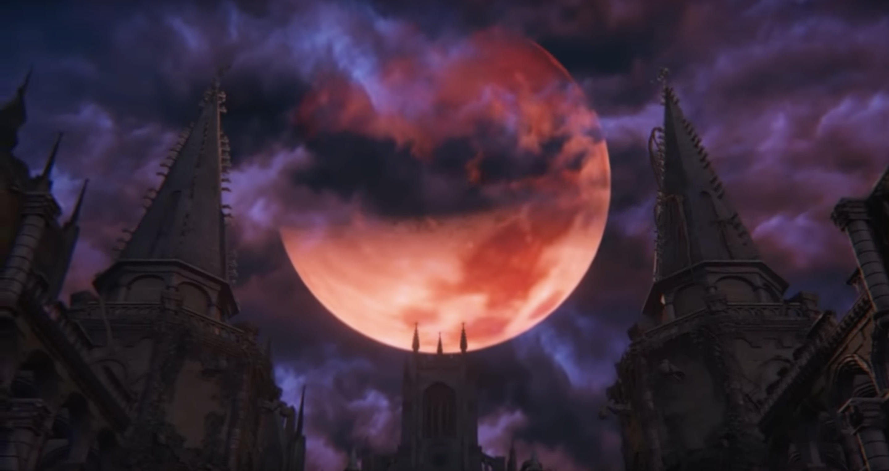 A blood-red moon slightly obscured by purple-tinged clouds sits between two church steeples from FromSoftware's "Bloodborne." (Photo by FromSoftware)