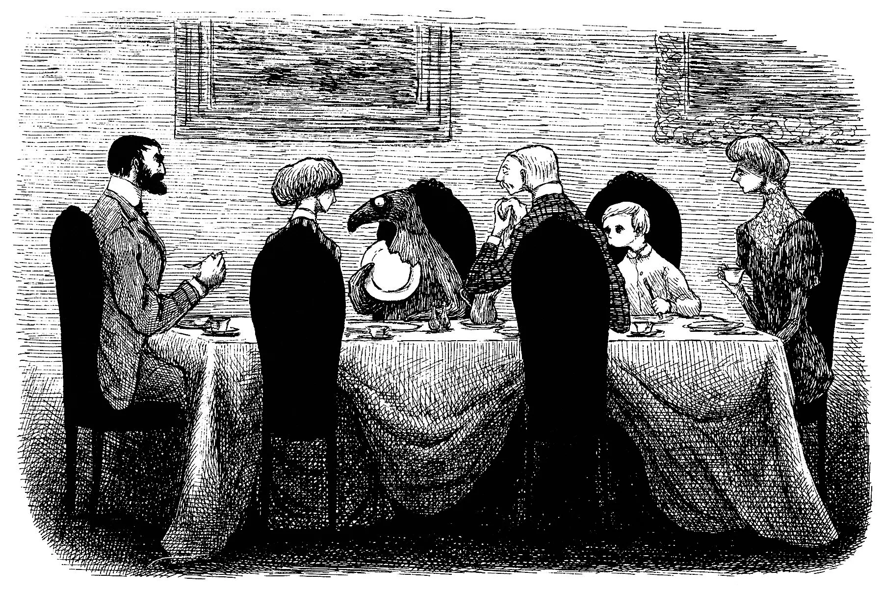 Black-and-white image of people sitting at a table. A creature is also at the table, and has taken a bite out of a plate.