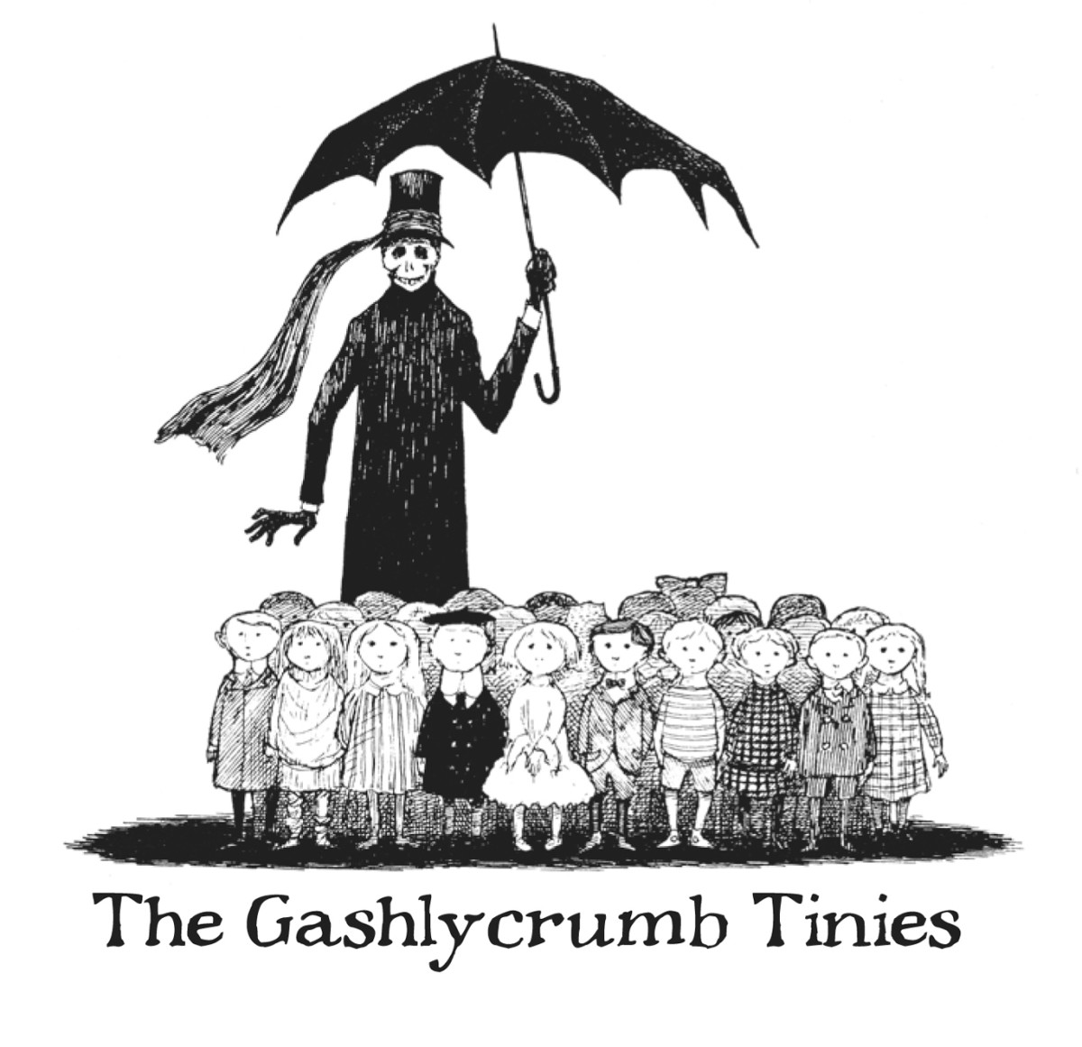 A black-and-white drawing of a crowd of small children standing with a tall skeleton. The skeleton is dressed in a dark coat with gloves and a top hat and is holding an umbrella.