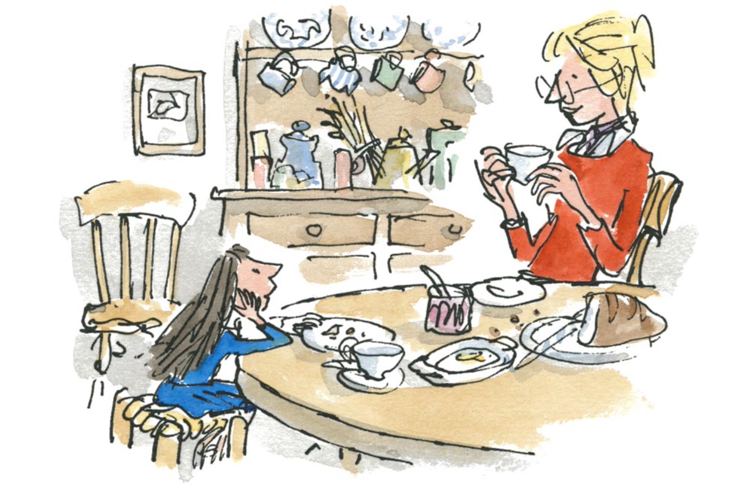 An illustration of Matilda and Miss Honey bonding over their shared love of literature in Miss Honey's cozy cottage.