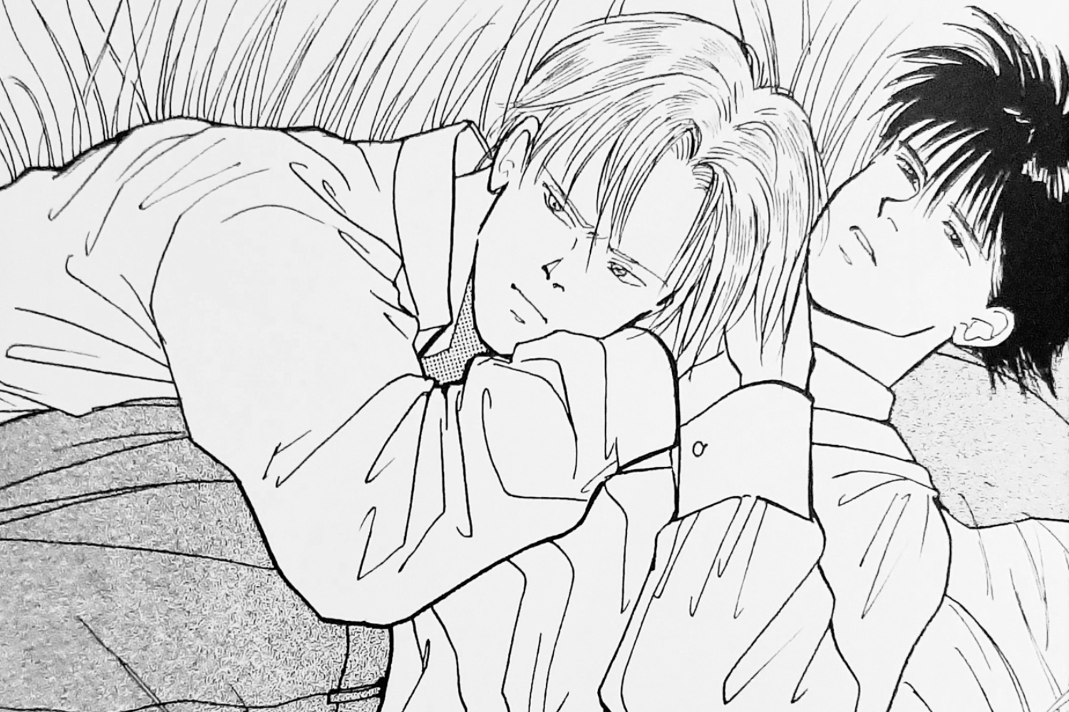 Yoshida, Akimi. "Banana Fish." Shogakukan. May 1985 – April 1994. Character Ash Lynx laying on top of Eiji Okumura. One of first examples of boys' love. 