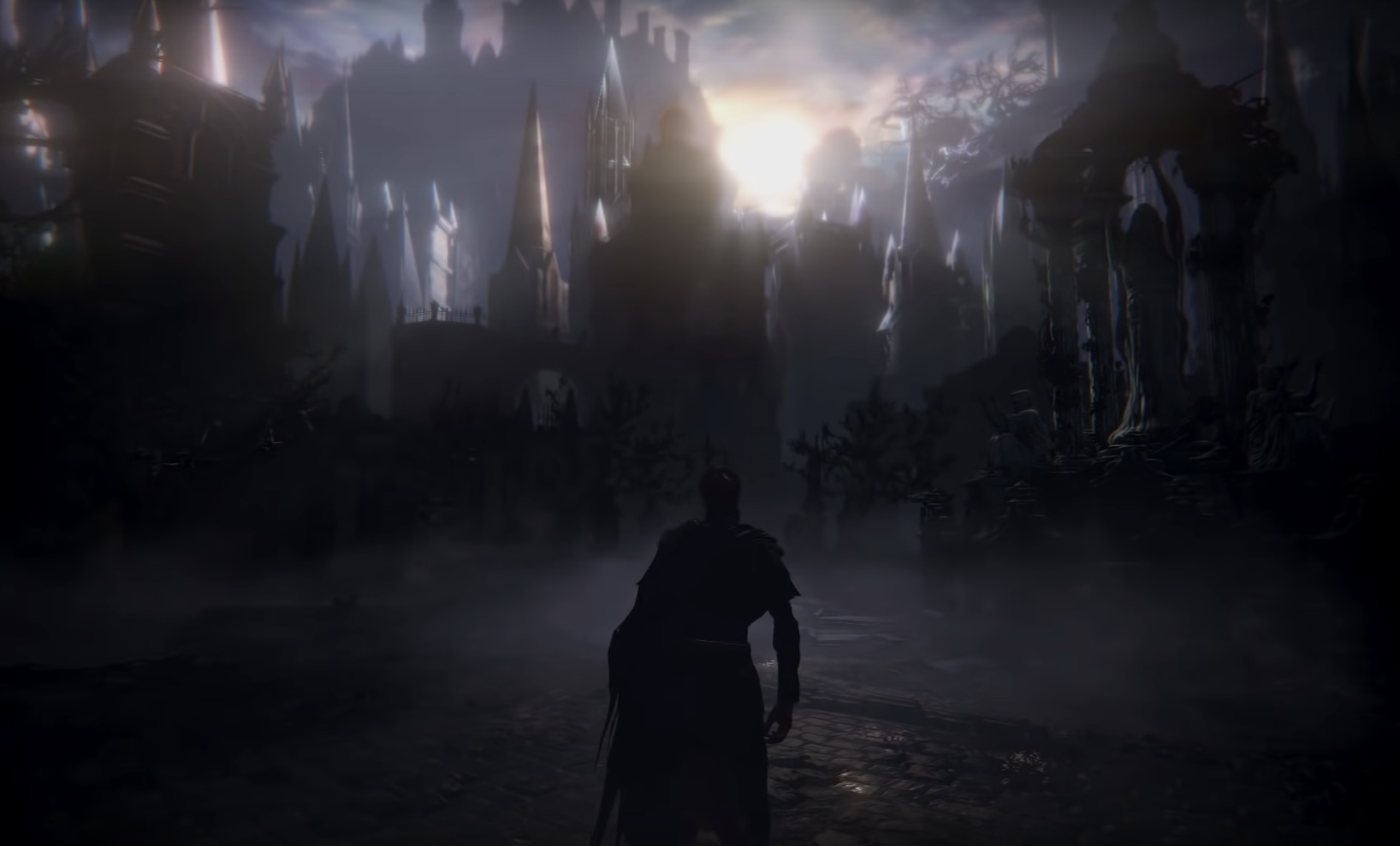 A silhouetted Hunter looks onward at "Bloodborne's" city of Yharnam lit by the rising sun. (Photo by FromSoftware)