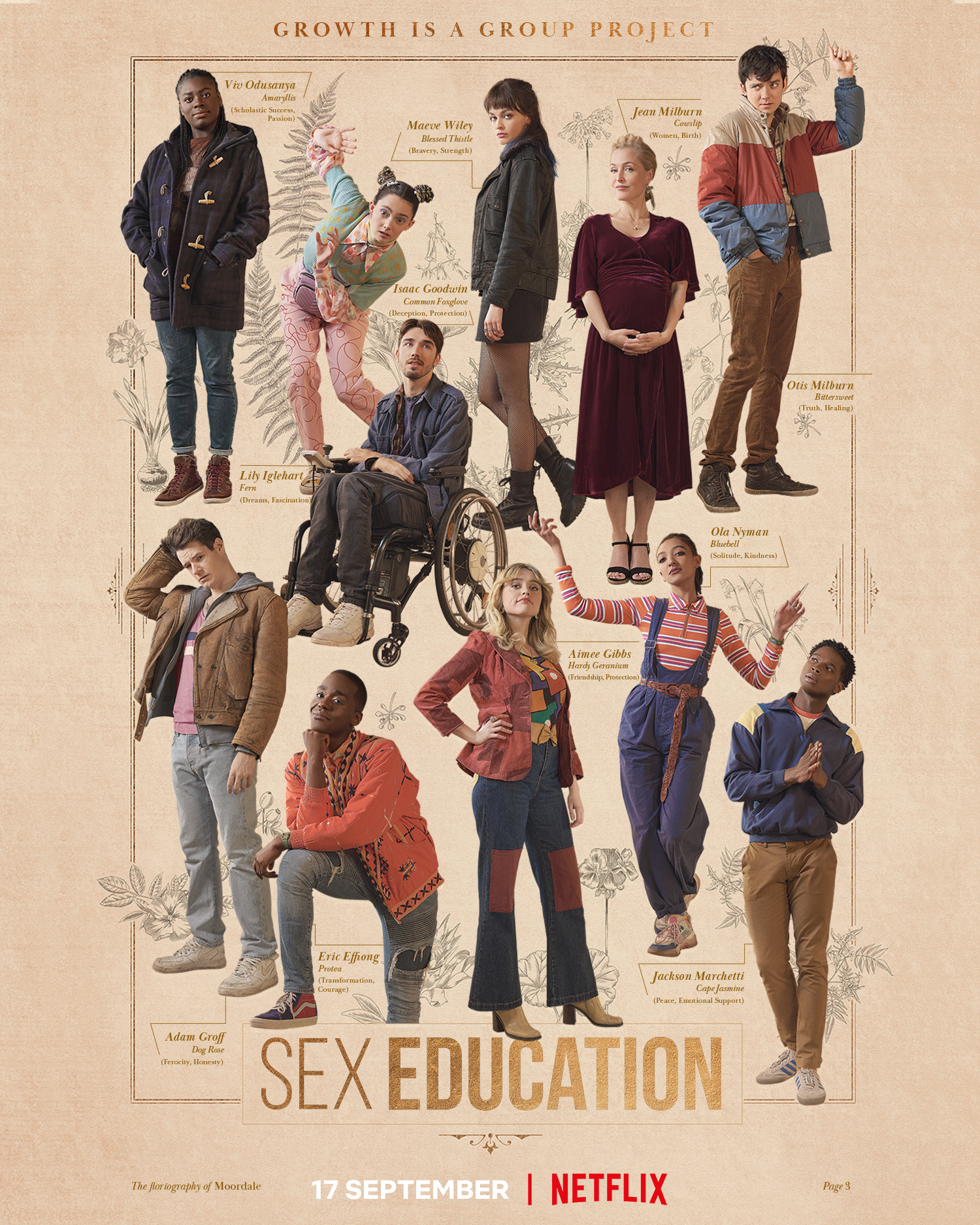 Promotional poster for the third season of Sex Education featuring the primary characters and their names. 
