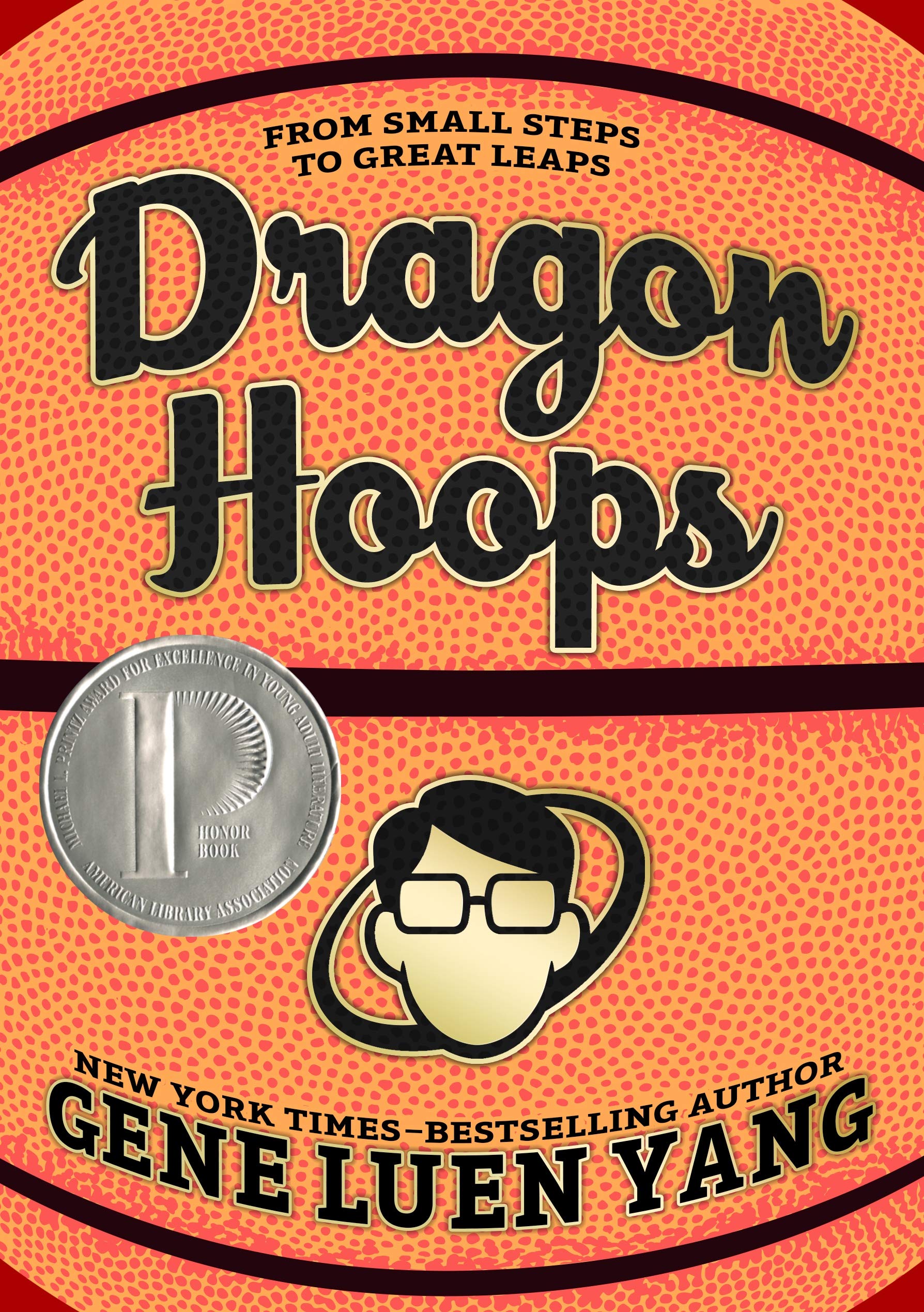 Photo of the front cover of Dragon Hoops which is a  close-up picture of a basketball featuring a golden icon of Yang's face. 