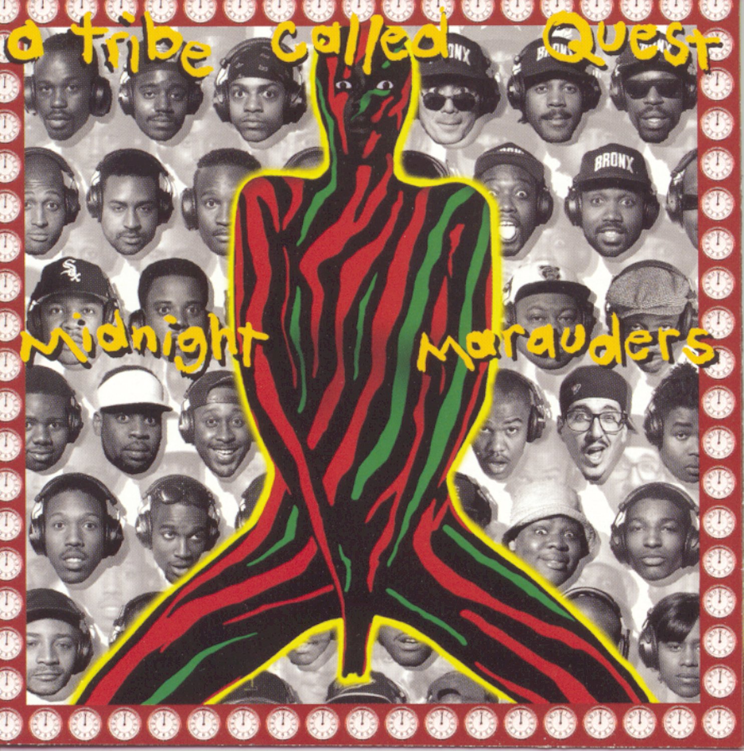 The cover for A Tribe Called Quest's third album, "Midnight Marauders" featuring the same woman from the previous album along with faces of notable hip hop figures. 
