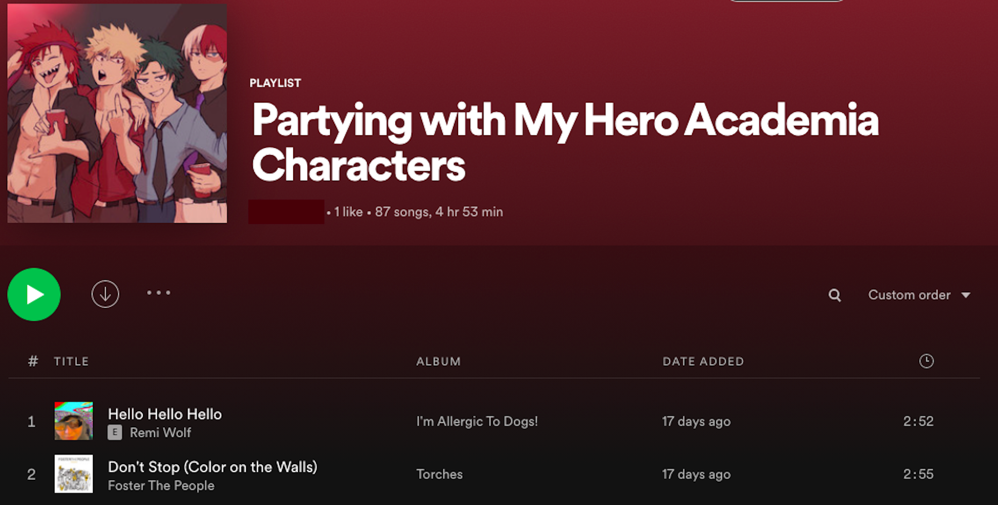 A screenshot of a Spotify playlist titled "Partying with My Hero Academia Characters" from the MHA fandom.