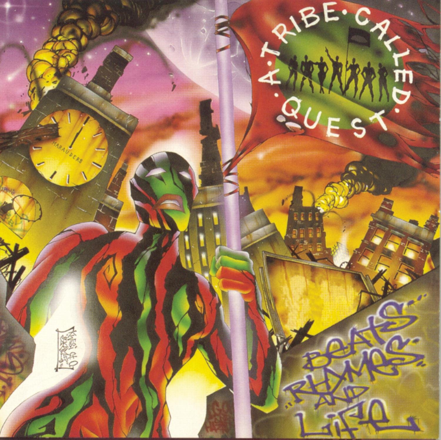 The cover for A Tribe Called Quest's fourth LP, "Beats, Rhymes and Life" features a highly dystopian view of society. 