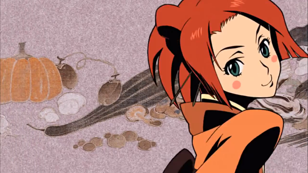 An image of Fuu from Samurai Champloo. She is a young teenager with brown hair and dark eyes. She stands against a grainy background with a fall print.