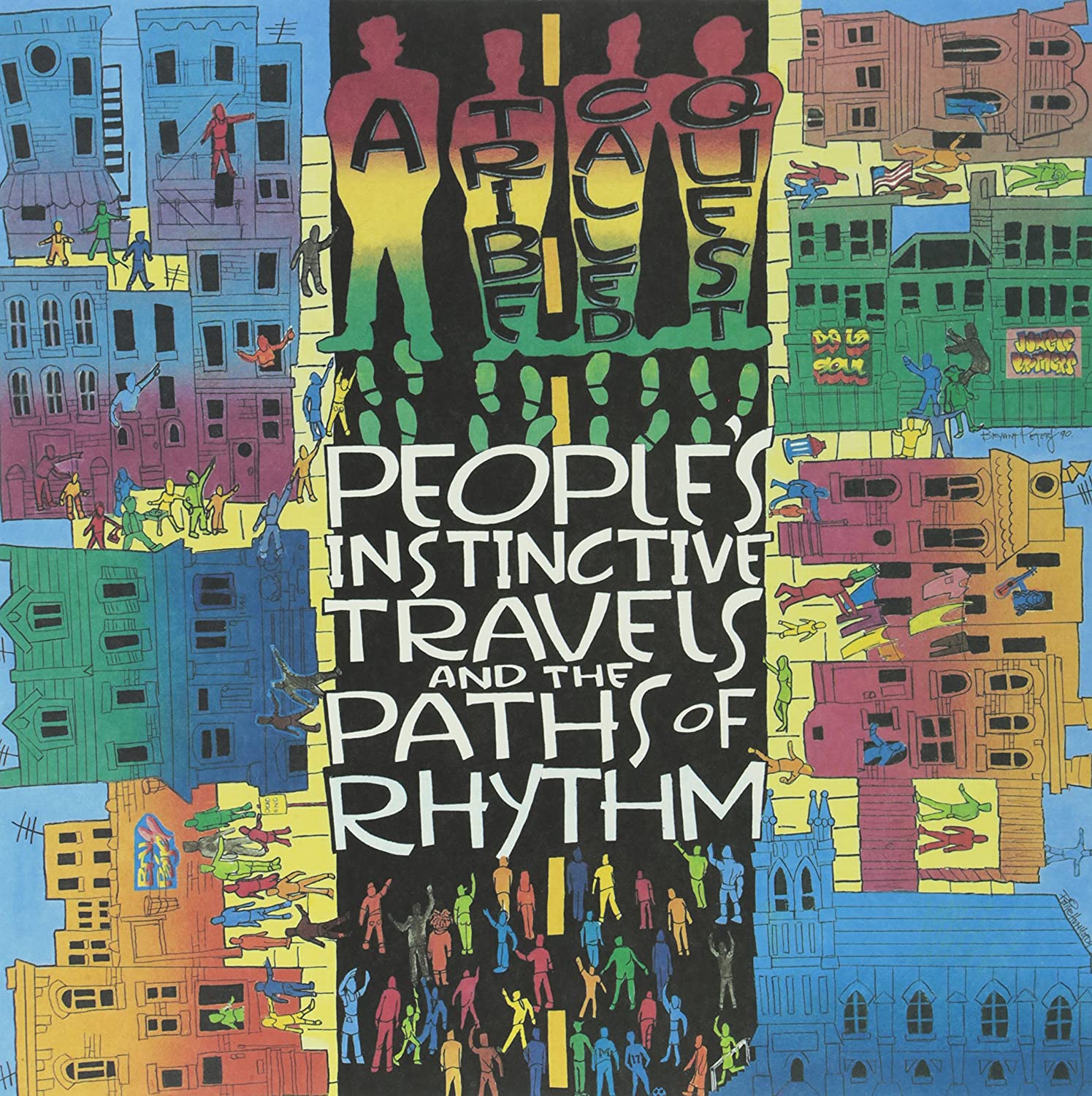 The cover for A Tribe Called Quest's debut LP which features a road dividing colorful, crudely-drawn houses and people.