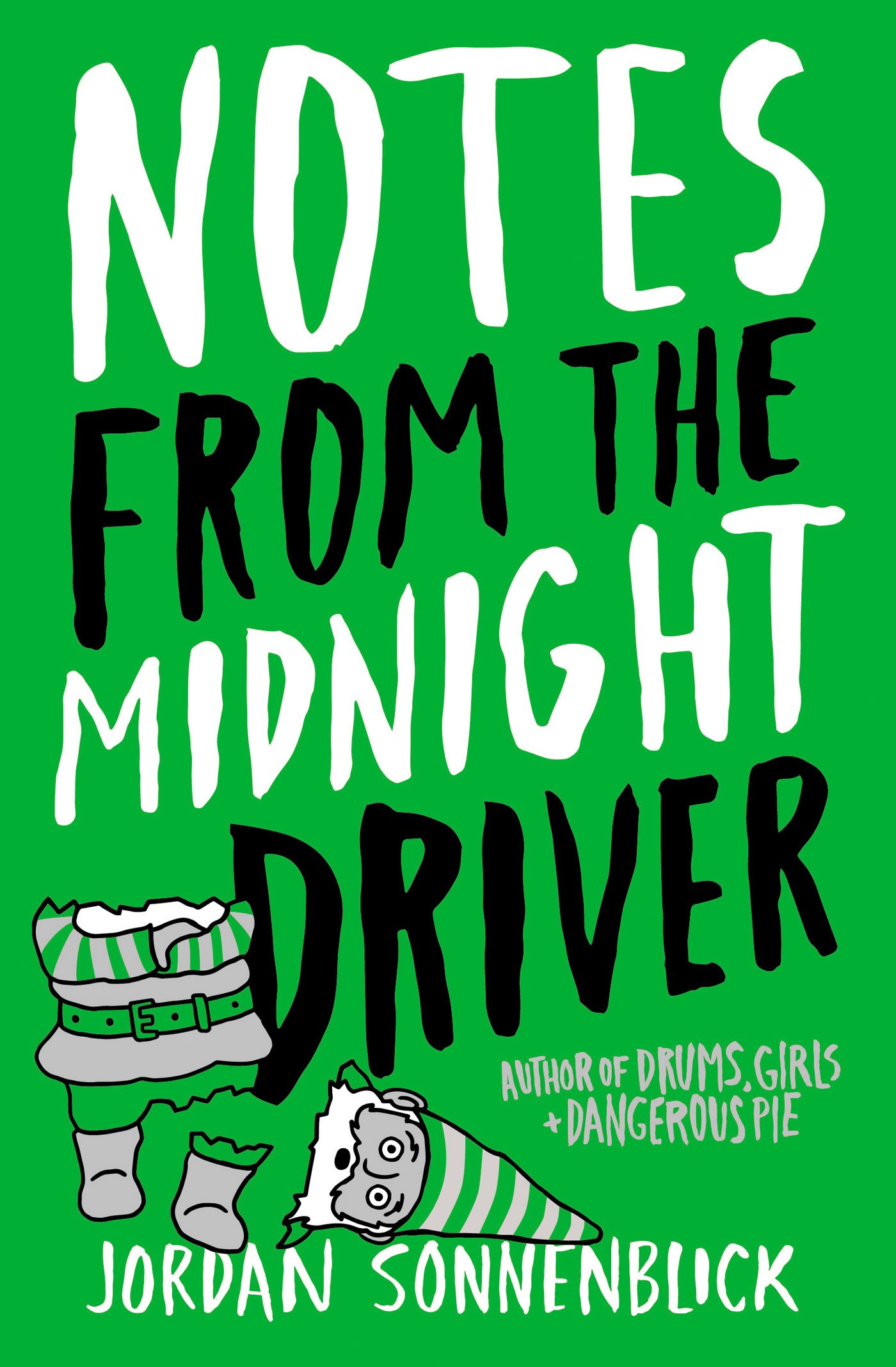 The front cover of "Notes From the Midnight Driver", which is all bright green with a cartoon lawn gnome at the bottom whose had has fallen off. 